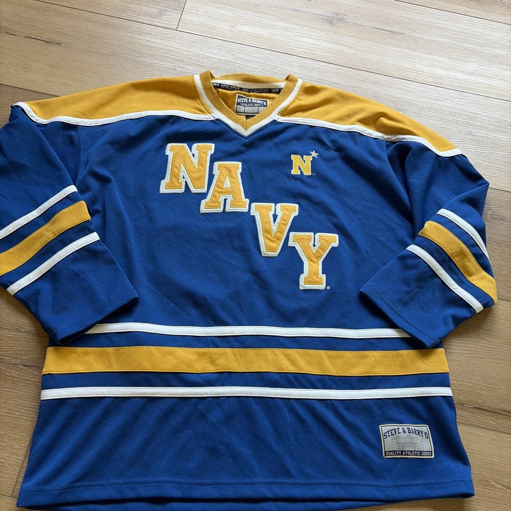 Vintage Steve & Barrys Naval Academy Hockey Jersey Mens Size Large V-Neck Blue